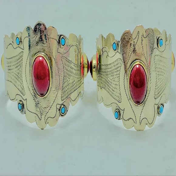 single Vintage Turkmen Cuff Bracelet, Ethnic Boho Cuff Bracelet With Stones - Picture 3 of 9